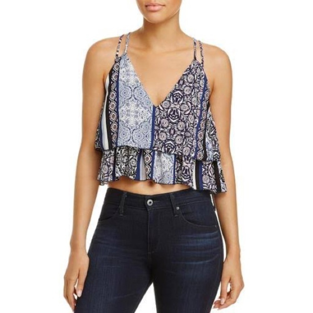 NWT Olivaceous Printed Blue Ruffle Tank Top Boho Summer V-neck